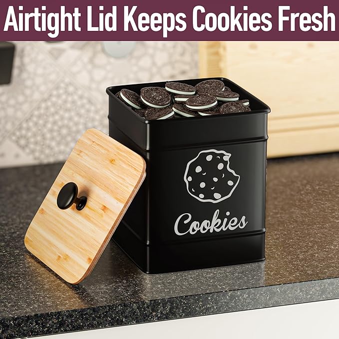 Cookie Jar with Airtight Lid - 1 Gallon - 6"D x 8"H Iron Cookie Tin with Bamboo Lid - Large Cookie Jars with Lids Airtight - Farmhouse Cookie Jars for Kitchen Counter Decorative - Cookies Jar