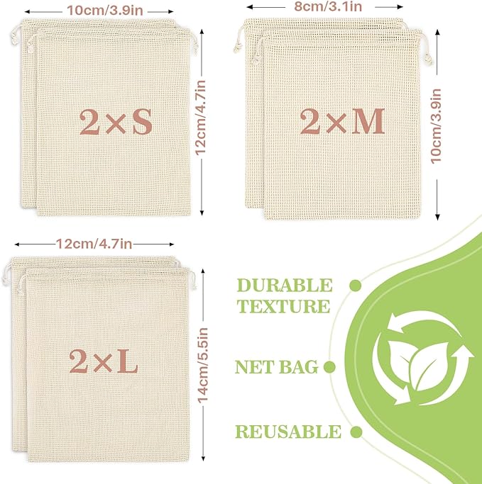 MAQIHAN 6 Pack Reusable Produce Bags Cotton Mesh Produce Bags Mesh Storage Produce Bags Reusable Durable Double Stitched With Drawstring Produce Bag For Vegetables,Fruit & Grocery Shopping (2L,2M,2S)