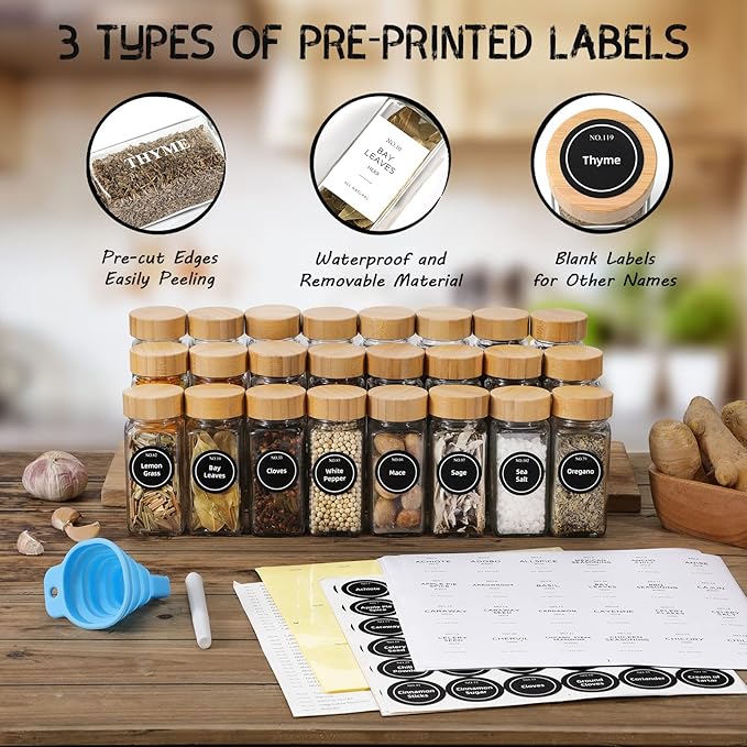 NETANY 36 Pcs Glass Spice Jars with Bamboo Lids, 4 oz Glass Jars with Minimalist Farmhouse Spice Labels Stickers, Collapsible Funnel, Seasoning Storage Bottles for Spice Rack, Cabinet, Drawer