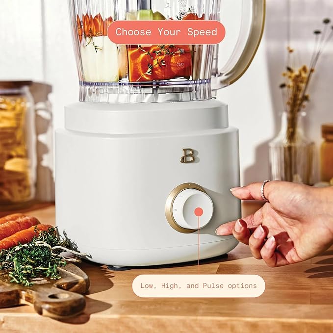 Beautiful by Drew Barrymore 10-Cup Food Processor, 500-Watts, Variable Speed, Pulse, 3" Wide Feed Tube, Stainless Steel Blades, Dishwasher Safe, Large Bowl, Accessories Included (White Icing)