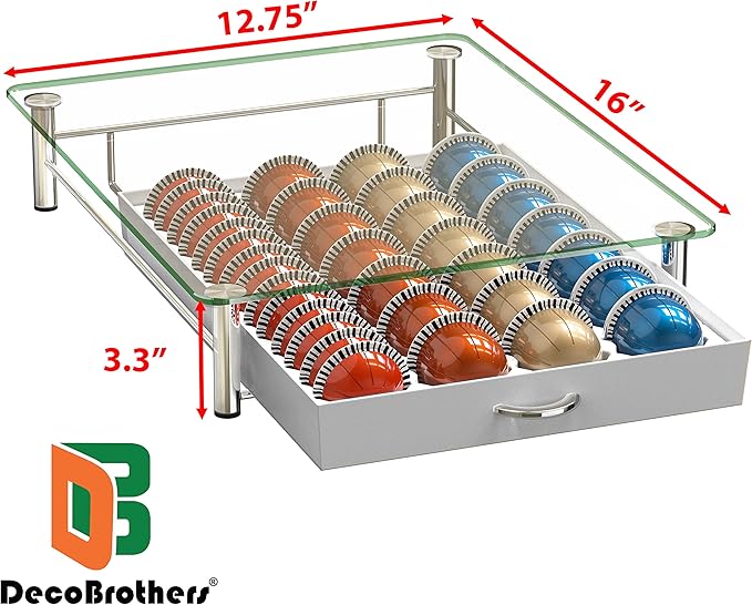 DecoBrothers Crystal Tempered Glass Vertuo Pod Holder Drawer, 28 Large or 56 Small Nespresso Capsule Organizer, White