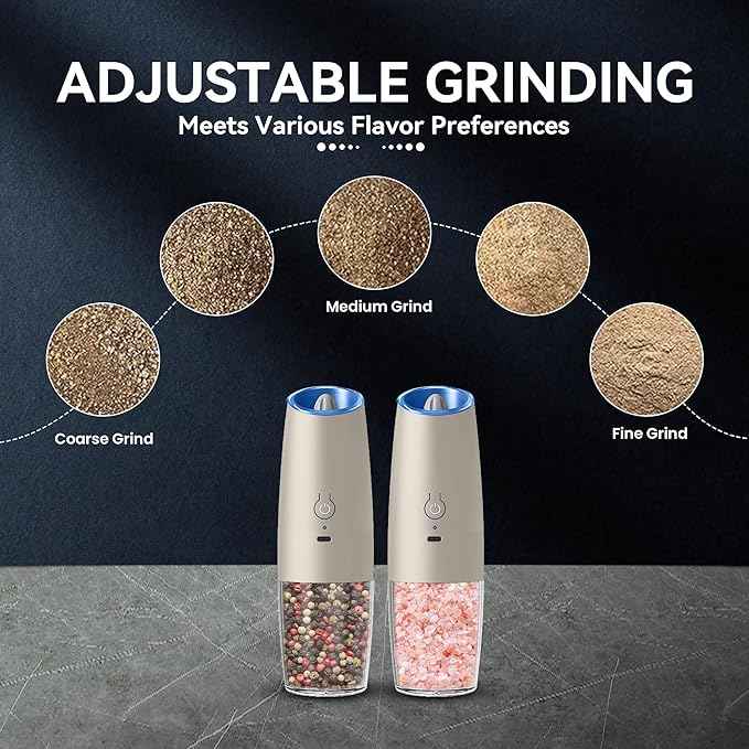 Rechargeable Electric Salt and Pepper Grinder set of 2, gravity electric salt and pepper grinder set, Adjustable Roughness, LED Light, 2 Pack, (Khaki)