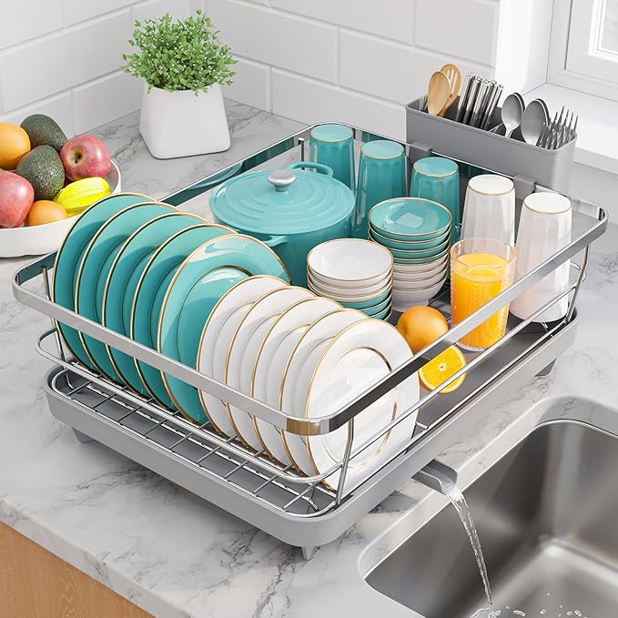 Sakugi Stainless Steel Dish Drying Rack for Kitchen Counter, Sink Organization and Storage Essentials with Silverware & Utensil Holder, Home and Apartment Decor, 12''W x 15.5''L, Silver