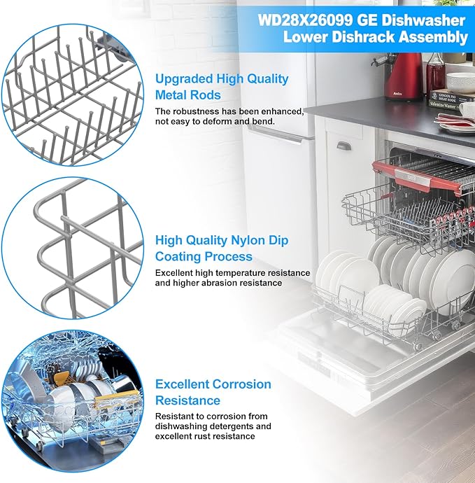 UPGRADED WD28X34744 WD28X26099 WD28X28918 WD28X22659 GDF510PSM0SS Dishwasher Lower Rack Compatible with GE Dishwasher Rack Parts WD28X34744 GDF510PSD1SS GE Dishwasher Rack Replacement Part with Wheel