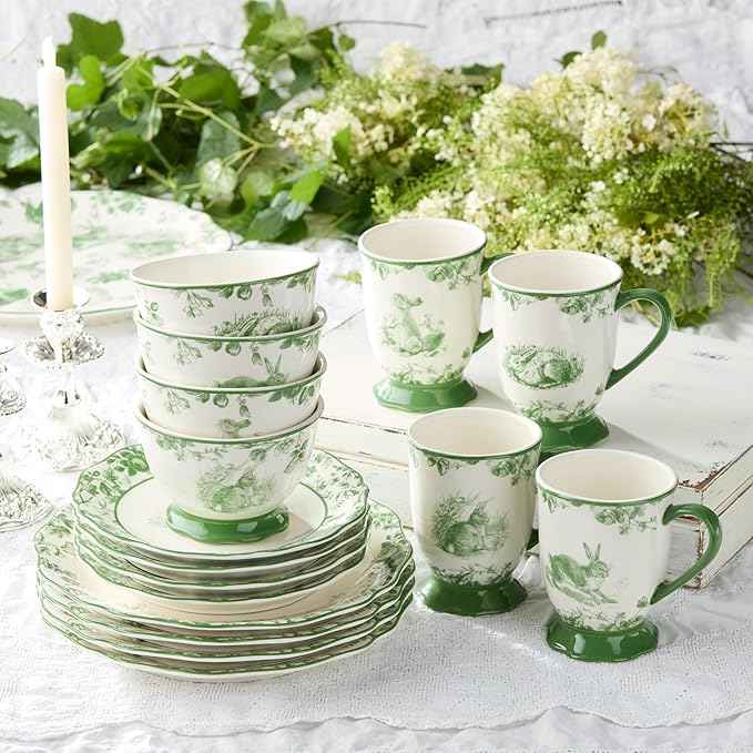 Le Jardin Bunny 16-Piece DINNERWARE SET, SERVICE FOR FOUR – Elegant Stoneware Plates, Bowls & Mugs for Springtime, Easter, Garden Parties & Everyday Charm – Scalloped Floral Toile Design