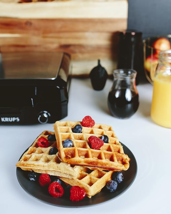 KRUPS 4-Slice Belgian Waffle Maker: Stainless Steel, 5 Browning Levels, Audible Ready Beep, Removable Plates, 1200W, Silver/Black, Large Waffle Maker Family Size, Great for Family Breakfasts