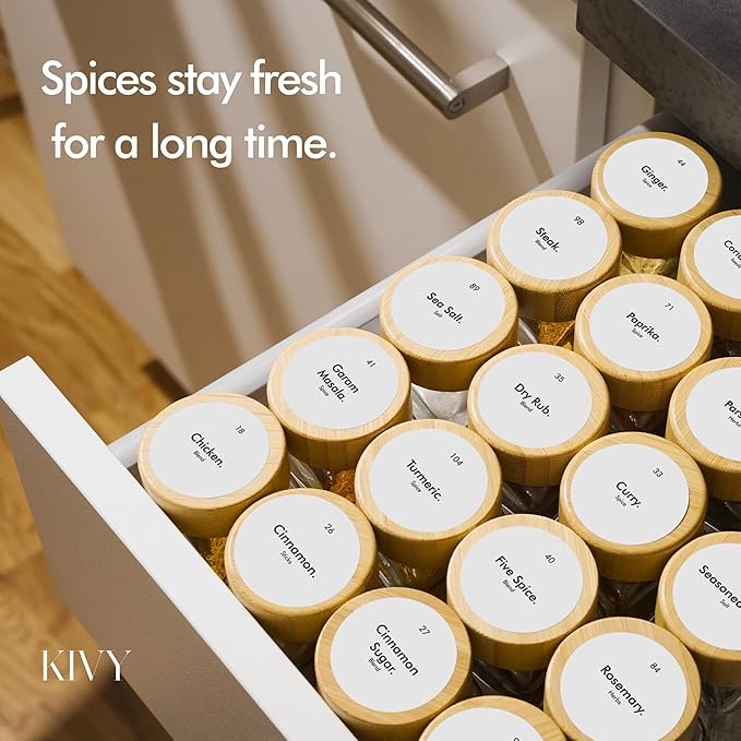 KIVY Spice Jars with Labels [24x 4oz] Glass Seasoning Containers with Airtight Lids for Organization - Empty Square Bottles for Spices & Seasonings with Shaker Lids - Spice Containers Wood Bamboo