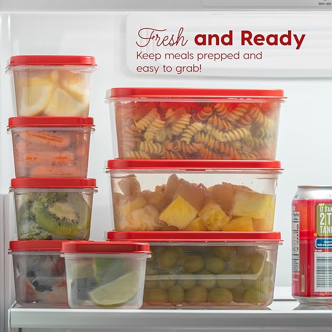 IRIS USA 44 PC Plastic Food Storage Containers With Lids | 22 Meal Prep Containers & 22 Lids| Leftovers Office Lunch Snack Fruit, Microwave Dishwasher Freezer Safe, BPA Free, Clear/Red
