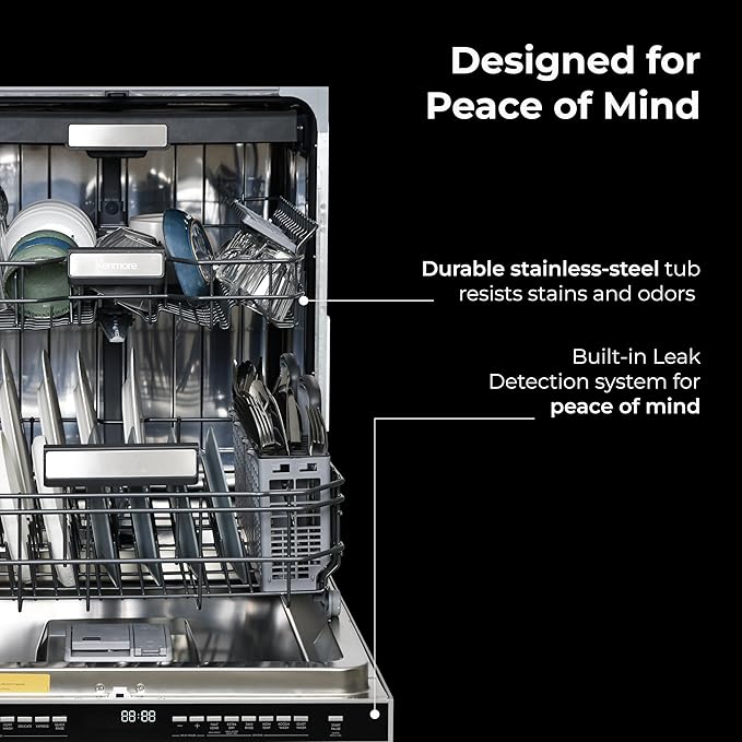 Kenmore 24" Built-In Dishwasher - Quiet Tub with TurboDry, Leak, & SmartWash Soil Detection - 15 Place Settings - 49 DBA - ENERGY STAR Certified - Fingerprint Resistant Stainless Steel