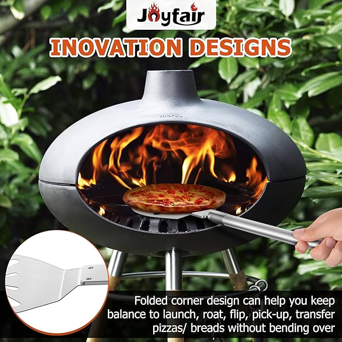 9 Inch Pizza Peel Turning, Joyfair Perforated Pizza Turner with Long Detachable Handle, Stainless Steel Spatula Paddle for Rotating Sliding, Metal Tools Oven Accessories, Easy Cleanup (SS Handle)