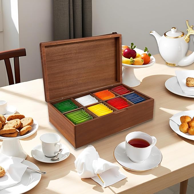 Acacia Wood Tea Bag Organizer Box – 8-Compartment Tea Storage Container Tea Caddy Holder with Removable Dividers – Rustic Tea Chest for Kitchen Counter, Coffee & Tea Station, Gifts