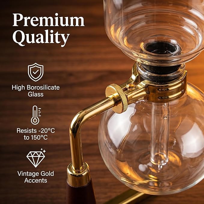 Siphon Coffee Maker, Heat-Resistant Glass Vacuum Coffee Brewer 5-Cup (600ml) with Alcohol Burner, Adjustable Buffer Clamp, Stainless Steel Bracket Base for Coffee Aficionados