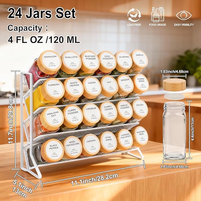 AISIPRIN Spice Rack with Spice Jars 398 Labels,4oz 24 Pcs Spices Jar with Bamboo Airtight Lids,Spices Container Set Seasoning Organizer for Countertop, Cabinet, Kitchen, Pantry, Cupboard