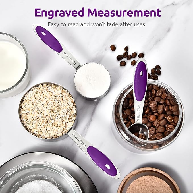 Measuring Cups and Spoons Set: U-Taste 18/8 Stainless Steel 10 Pieces Metal Stacking Kitchen Baking Cooking Food Measure Set 5 Cups 5 Spoons with Strengthened Weld Joints (Purple, Upgraded Version)