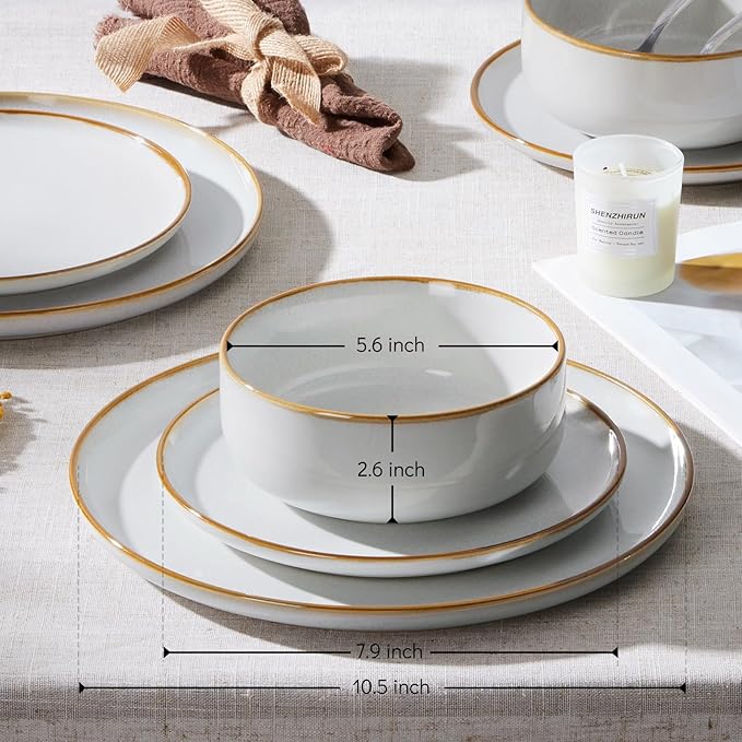 E-far Dinnerware Sets for 6, 18-Piece Stoneware Plates and Bowls Set, Reactive Glaze Dinning Ware Dishes Set, Microwave & Dishwasher Safe - Seashell White