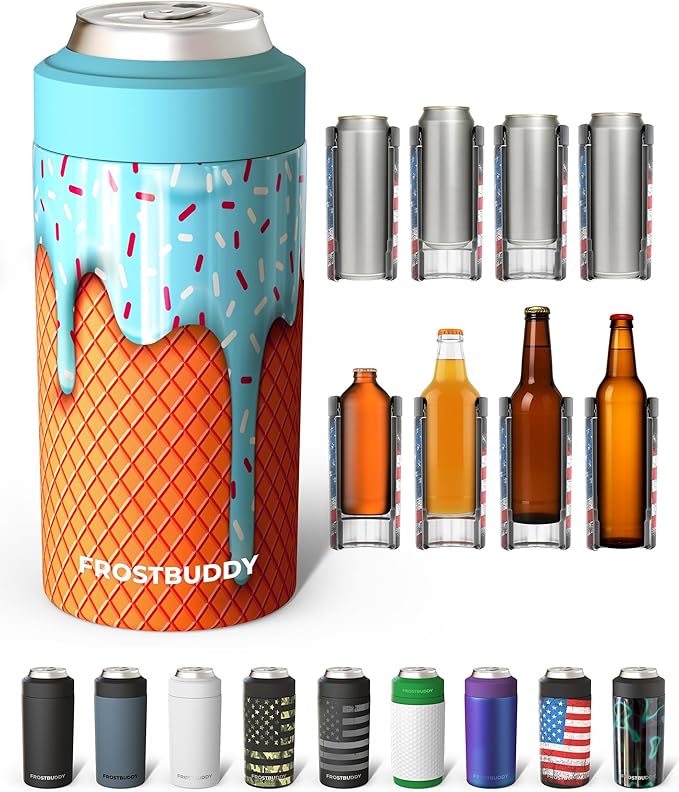 Frost Buddy Universal Can Cooler - Fits all - Stainless Steel Can Cooler for 12 oz & 16 oz Regular or Slim Cans & Bottles - Stainless Steel (Blue Ice Cream)