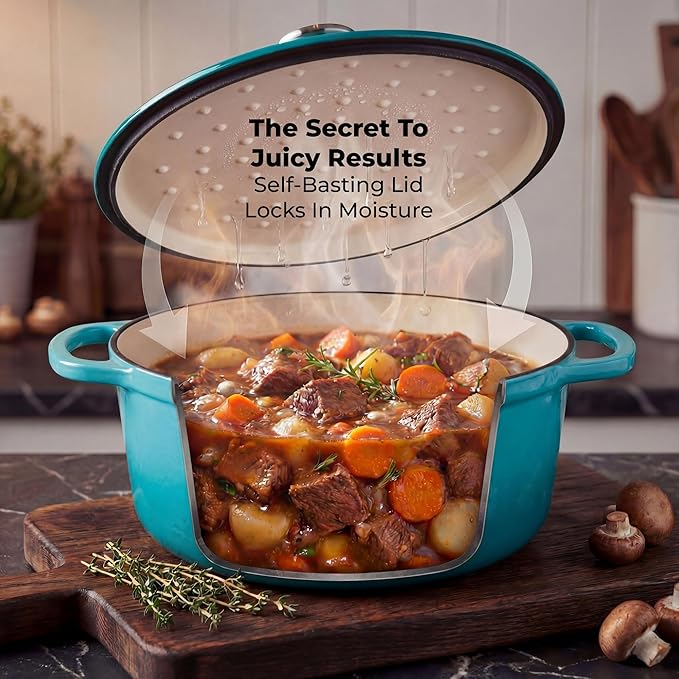Zulay Kitchen 6 Quart Enameled Cast Iron Dutch Oven Pot with Lid – Premium Durability & Oven Safe up to 500°F – Heavy Duty Cookware Perfect for Bread Baking, Stews, Braising & Roasting - Light Blue