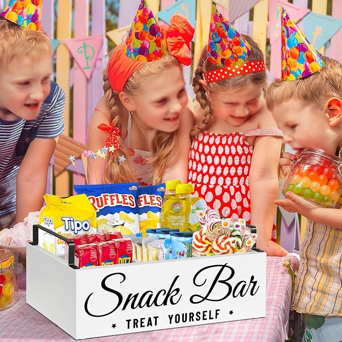 Snack Organizer for Countertop, Wood Pantry Storage Bins with Handles, Snack Bar Organizer for Pantry Shelf, Kitchen, 4 Compartment Food Container Snack Box, Pantry Organizer for Snacks, Chips
