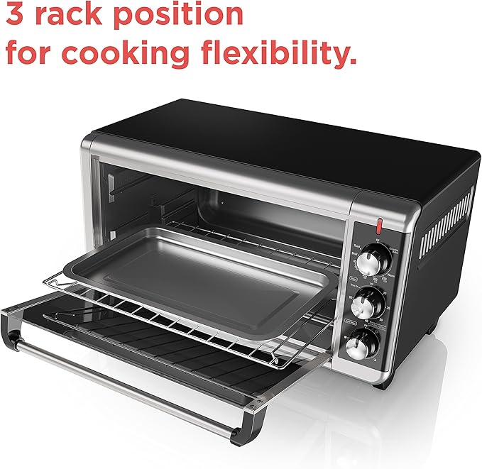 BLACK+DECKER TO3250XSBD 8-Slice Extra Wide Convection Countertop Toaster Oven, Includes Bake Pan, Broil Rack & Toasting Rack, Stainless Steel/Black