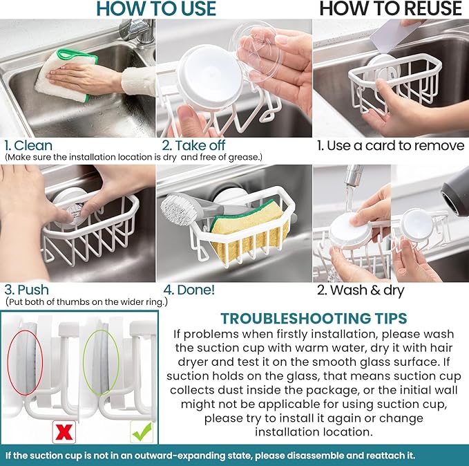 TAILI Sponge Holder for Kitchen Sink with Strong Suction Cup, Rustproof Aluminum Sink Caddy for Sponges, Brushes, Stoppers & Scrapers, White