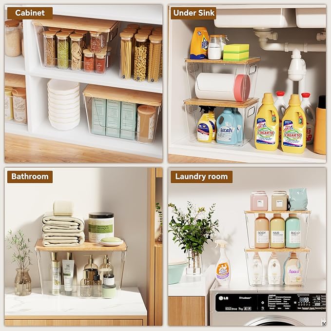 Criusia 3 Set Pantry Organizers and Storage with Bamboo Lids, Stackable Clear Bins for Onion, Potato, Fruit, Vegetables, Trash Bag Dispenser, Kitchen and Under Sink Organizer