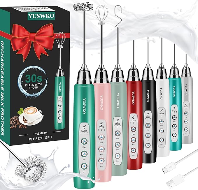 YUSWKO Milk Frother Handheld for Coffee, Rechargeable Drink Mixer with 3 Heads 3 Speeds Electric Coffee Frother Whisk, Gift for Many Occasions and Festival