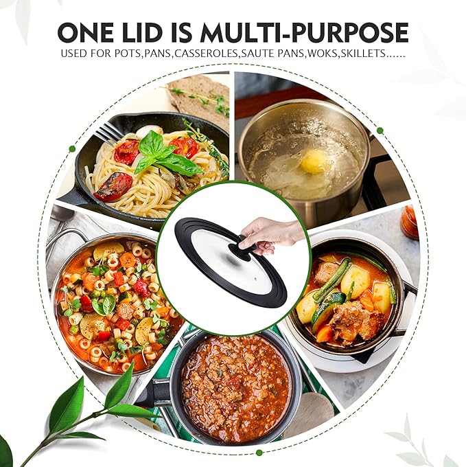 Ydeapi Universal Lid for Pots, Pans and Skillets, Pot Lid With Heat Resistant Silicone Rim and Tempered Glass, Fits 11", 12", 12.5" Diameter Pots and Pans