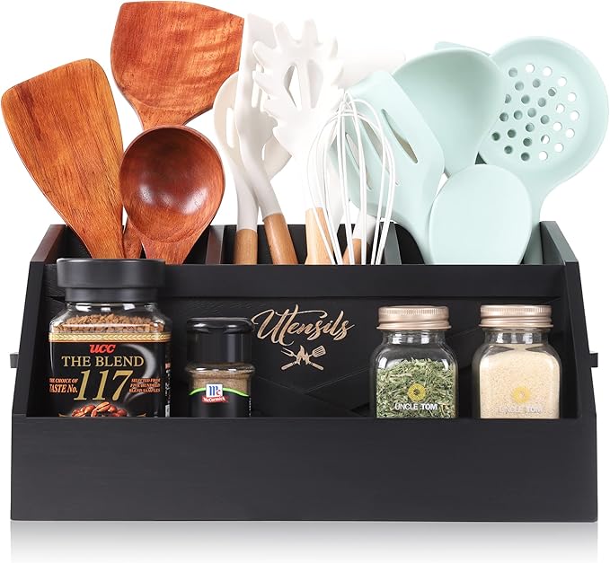 Innovation Kitchen Utensil Holder for Countertop with 4 Compartments, Wood Utensil Organizer for Cooking Tools, Black (Utensil Not Included)