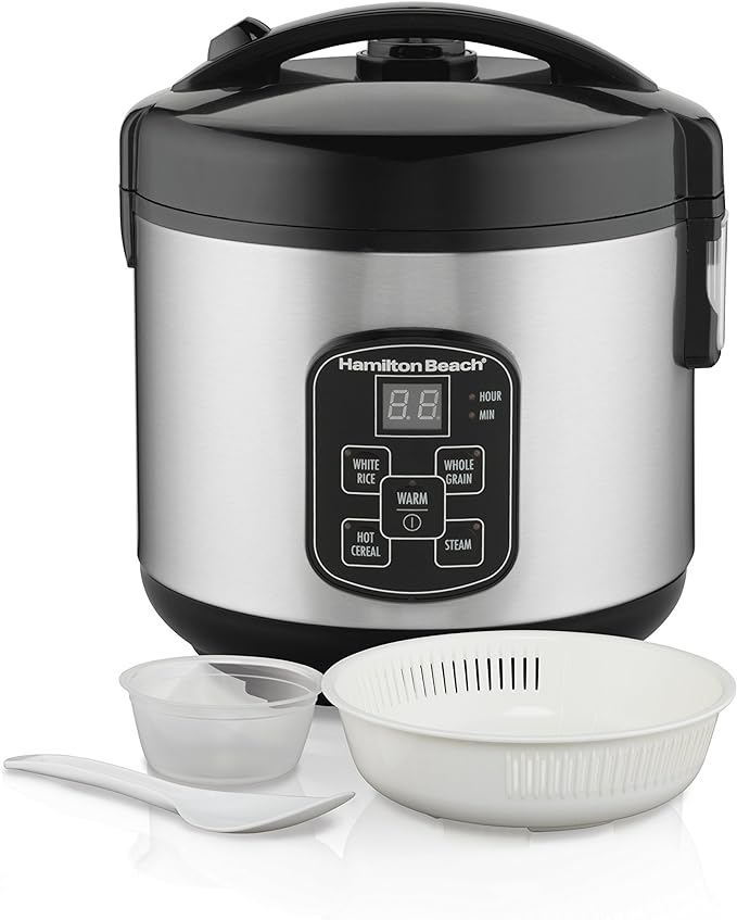 Hamilton Beach Electric Indoor Searing Grill, 6-Serving, Extra-Large Drip Tray, Stainless Steel (25361) & Digital Programmable Rice Cooker & Food Steamer, 8 Cups Cooked (4 Uncooked), Stainless Steel
