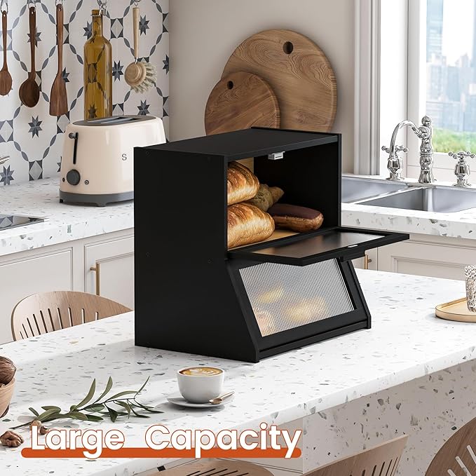 GHWIE Double Layer Bamboo Bread Box for Kitchen Counter,Large Capacity Storage Bin with Acrylic Wavy Door Panel (Black, Extra Large)