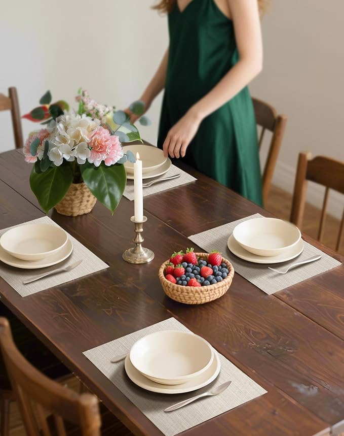 Leetaltree Beige White Placemats Set of 24 - Heat Resistant Non-Slip Place mats for Dining Table, Washable Durable PVC Vinyl Woven Table Mats(Beige White, 24)