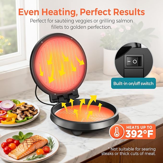 3-in-1 Electric Griddle & Panini Press - CACHOO 8" Nonstick Round Griddle and Sandwich Press with On/Off Switch, 180° Open Design, Perfect for Pancakes, Omelettes, Quesadillas, Veggies (Black)