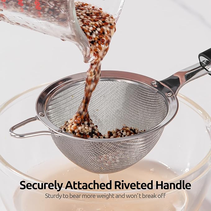 U-Taste 10 Piece Measuring Cups and Spoons Set in 18/8 Stainless Steel, and 18/8 Stainless Steel 3.9 inch 30 Mesh Strainer (Black)