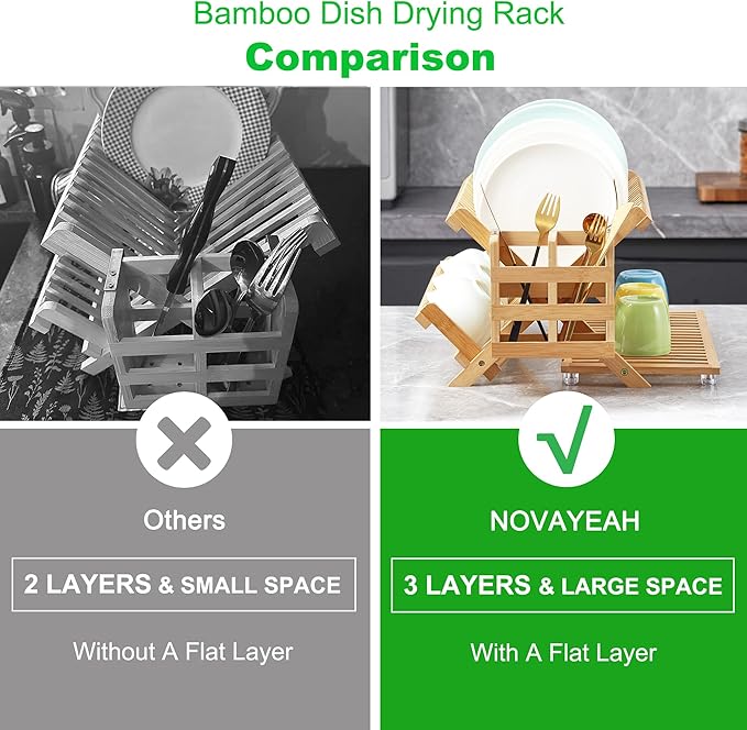 NOVAYEAH Bamboo Dish Drying Rack with Utensil Holder, Collapsible Wooden Dish Drainer Rack, 3-Tier Large Folding Drying Holder for Kitchen Counter 51 pcs Grid