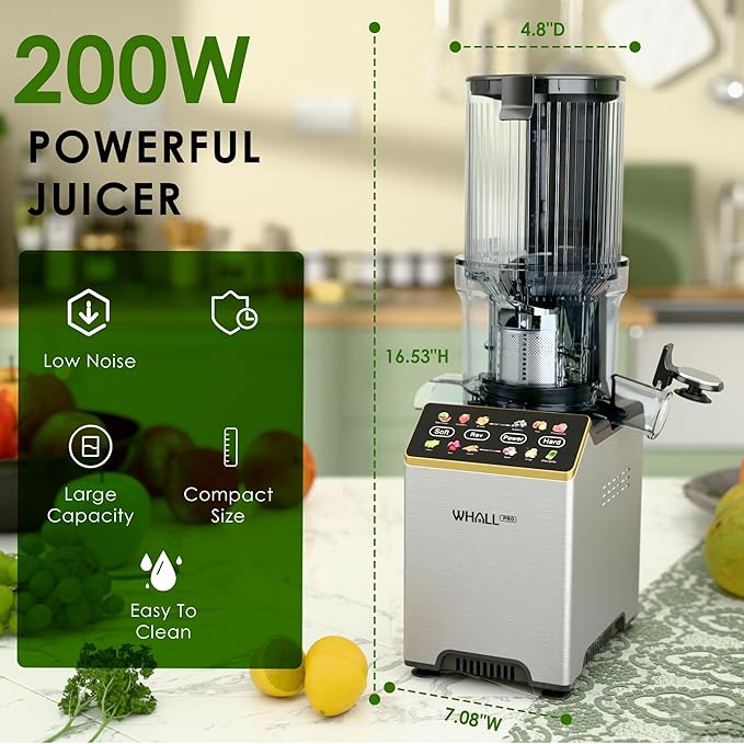 Cold Press Juicer, Touchscreen Juicer Machines with Wide Feed Chute, Stainless Steel Masticating Juicers Easy to Clean, Ergonomic Operational Panel Design, High Juice Yield, Gray