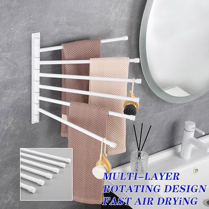 GERZWY Bathroom 6 Arms Swing Arm Towel Bars Wall Mount Bath Towel Rack Hanger Stainless Steel Towel Holder Organizer, White