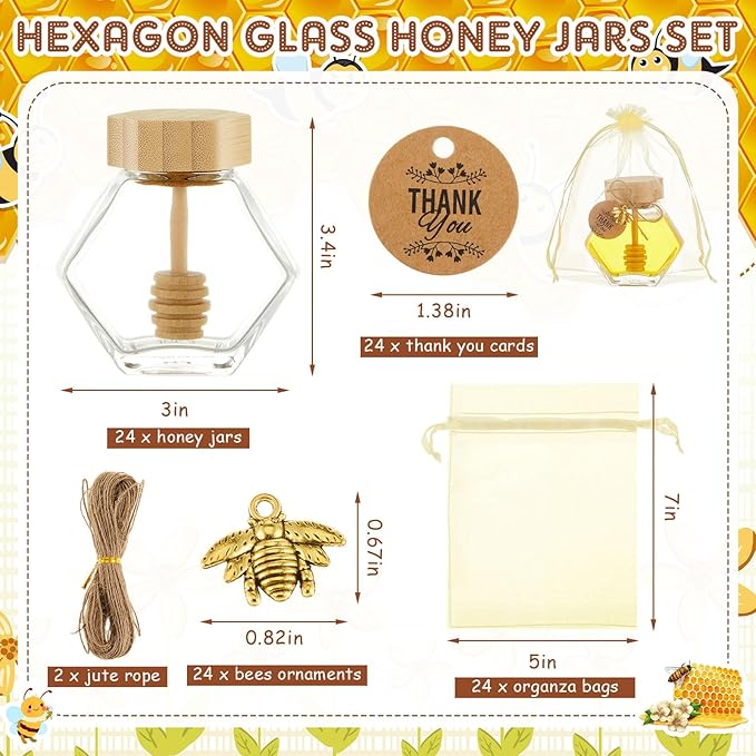 Pickmesh 24 Pcs Hexagonal Glass Honey Jars with Spoon, 3.38 oz Honey Dispenser with Wooden Spoon Bee Charm Thank You Card Organza Bag Mini glass Jars for Baby Shower Wedding Party Favor Decorations