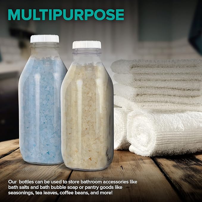 Stock Your Home Liter Glass Milk Bottle with Lid (4 Pack) 32 Oz Jugs and 8 White Caps, Reusable Food Grade Container for Refrigerator, Juice, Oat or Plant Milks, Water, Honey