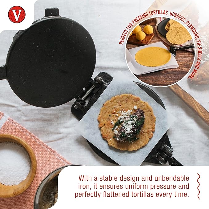 Victoria 8 Inches Cast Iron Tortilla Press, Roti Maker and Tortilladora, Pataconera Seasoned with Flaxseed Oil, Made in Colombia, Traditional Style, Black