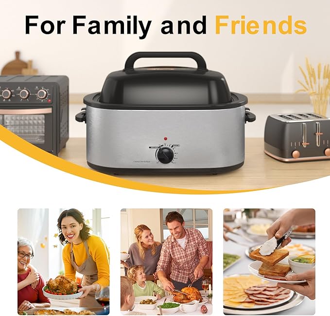 RoyalCraft 26-Quart Electric Roaster Oven with Visible Self-Basting Lid, Turkey Roaster Oven with Removable Pan and Rack, Perfect for Large Meals and Holiday Feasts, Silver