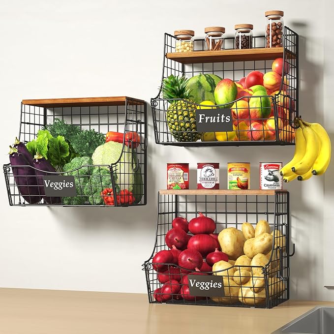 3 Pack wire Fruit Basket for Kitchen with Wood Lid - Counter&Wall Mounted Onion and Potato Storage with Nameplate, Hanging Baskets for Vegetable,11.81 * 10.63 * 8.66 Inch