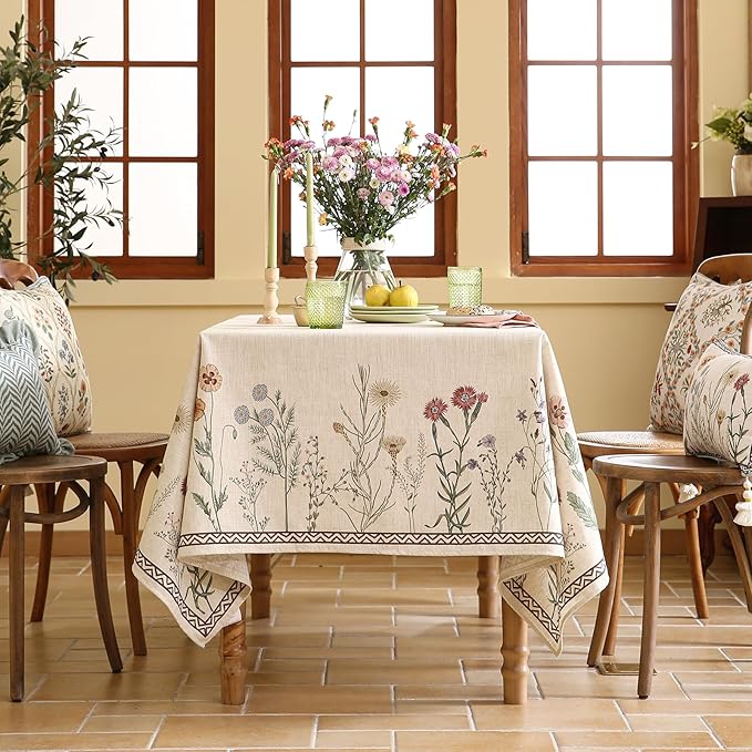ISAENNE Designer Off White Linen Extra Long Rectangle Tablecloth,Floral Elegant Table Cloth,Stain Resistant Vintage Decor Tablecloths for Dining Thanksgiving Kitchen Party,67"*118"-Serenity G