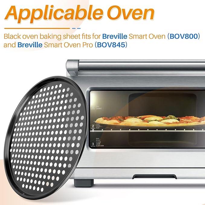 13 Inch Pizza Pan with Baking Pape - for Breville Oven Replacement Parts Perforated Round Pizza Tray, Compatible with Breville Smart Oven BOV800 and BOV845（Black）