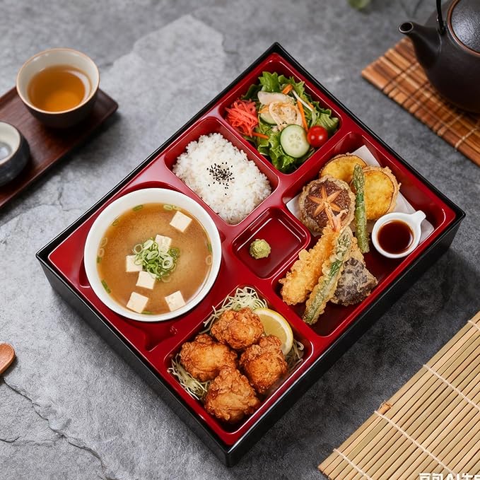 Teenyyou 2 Pcs 12 x 9.5 x 2.2 Inch Japanese Bento Box 6 Compartments and Bowl Divided Lunch Box with Greaseproof Adult Japanese Bento Lunch Container Sushi Home Restaurant