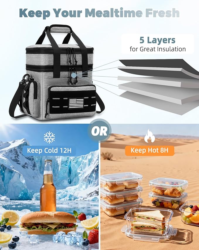 holuxer Tactical Lunch Bag & Lunch Box for Men - Large Double Deck Expandable Insulated Soft Adult Lunchbox for Work - Cooler Bag for Beach, Picnic, Camping,Outdoor，Travel (Gray,16L)