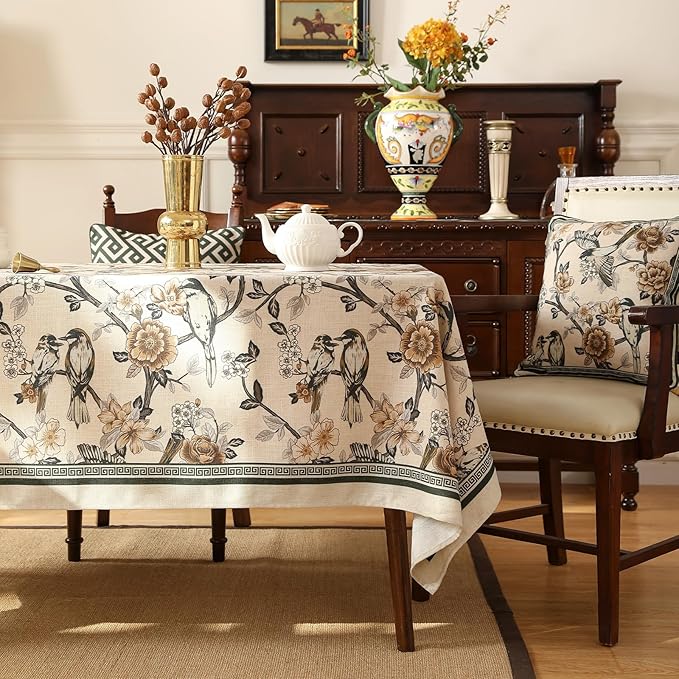 ISAENNE Designer Vintage Linen Small Table Cloth for Rectangle Table,Floral and Bird Pattern Tablecloths,Fall Wrinkle Resistant Decor Tablecloth for Dining Kitchen Party,55"*71"-Murad A