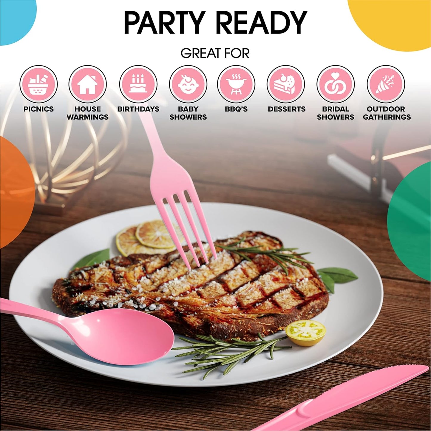 Party Solids Pink Plastic Spoons - 200 Pcs Heavy Duty Disposable Cutlery Set