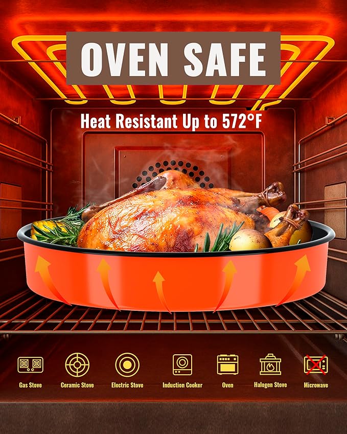 Round Enamel Roasting Pan Set Bakeware 4 Pack Cake Pizza Baking Dish 9/10/12/14 Inch Non-Stick Heat Resistance Chicken Roaster Oven Dishwasher Safe, Birthday Mother Day Gift Cookware