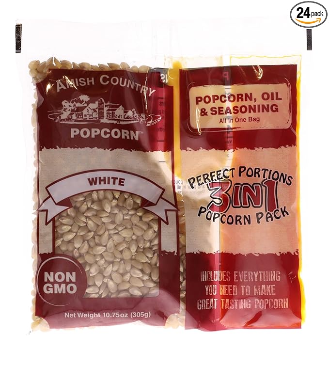 Amish Country Popcorn | All-In-One Kernel Packs | Pre-Measured for Popcorn Machines and Includes Hulless Popcorn, Oil & Salt (Medium White Kernels, Oil & Seasoning - 10.75 oz - Pack of 24)