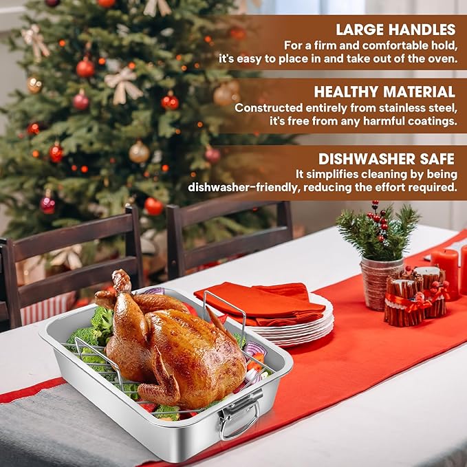 Roasting Pan,VBOYL 16" 3-Piece Roasting Pan Set: Deep Pan + Flat & V-Racks. Ideal for Turkey, Chicken, Veggies, Lasagna. Heavy-Duty, Non-toxic, Easy Clean, Dishwasher Safe.